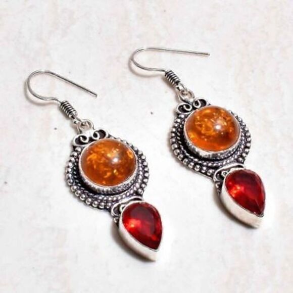 Amber Garnet Handmade Drop Dangle Earrings Jewelry 2.2" - Picture 1 of 1